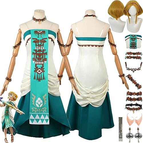 FGTXHYX Game Tears of the Kingdom Zelda Prinzessin Cosplay Kostüm Outfit Uniform Kleider Komplettes Set Halloween Dress Up Anzug mit falschen Ohrringen Perücke für Frauen Mädchen (XS) von FGTXHYX