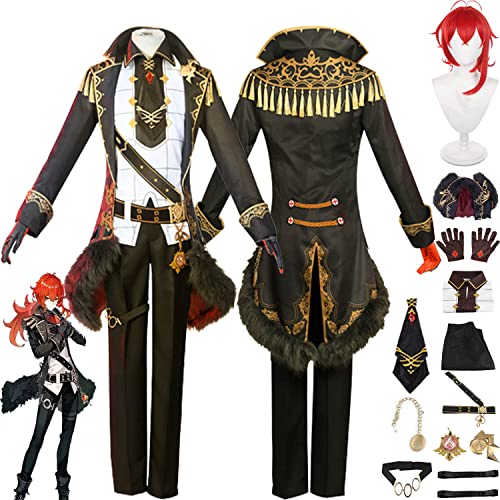 FGTXHYX Genshin Impact Diluc Ragnvinder Cosplay Kostüm Outfit Spielfiguren Scaramouche Wanderer Uniform Full Set Halloween Party Dress Up Anzug mit Perücke für Männer Jungen (S) von FGTXHYX