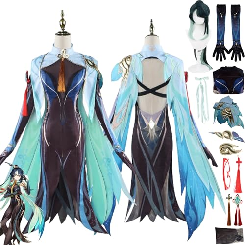 FGTXHYX Genshin Impact Xianyun Cosplay Kostüm Outfit Spielcharakter Uniform Komplettes Set Halloween Dress Up Anzug mit Perücke/Brille/Kopfschmuck/Ohrclip für Frauen Mädchen (XXL) von FGTXHYX