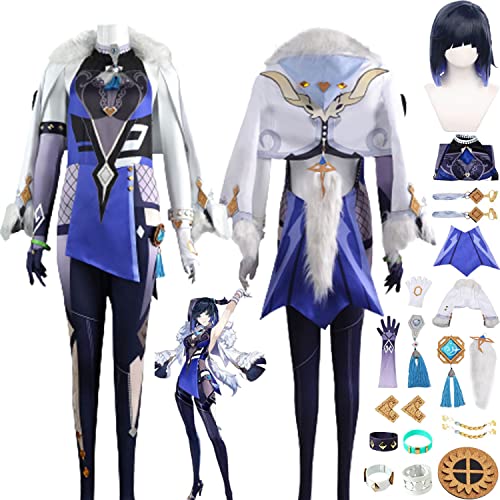 FGTXHYX Genshin Impact Yelan Cosplay Kostüm Outfit Spielfiguren Dehya Raiden Shogun Uniform Full Set Halloween Party Dress Up Anzug mit Ohrringen Perücke für Frauen Mädchen (M) von FGTXHYX