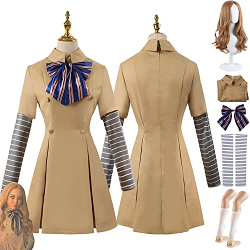 FGTXHYX M3gan Cospaly Kostüm Outfit Horrorfilm Megan Puppe Khaki Kleider Uniform Full Set Halloween Party Karneval Kostüm mit Perücke für Frauen Mädchen (3XL) von FGTXHYX