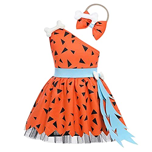 FGUUTYM Kleinkind Caveman Kostüm Halloween Hundeknochen Historisches Cavegirl Mesh Tüll Kleid Prinzessin Outfits Schlüsselkette Edelstahl (Orange, 3-4 Years) von FGUUTYM