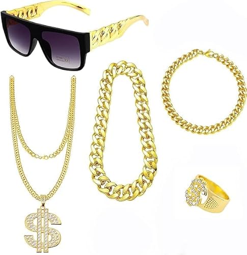 Dollar Kette set,Hip Hop Kostüm Set,80er Jahre Outfit Herren Dollar Kette set Kette Dollarzeichen Ring Rockstar Herren 70er 90er Faschingszubehör Mottopartys von FGen