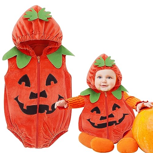 FGen Halloween Kostüm Kürbis Kinder, Nettes ärmelloses Kürbis Besticktes Kapuzen Reißverschluss Einteiliges Kürbis Top, Geeignet für Halloween Verkleiden Jungen Mädchen Rollenspiel Party Kostüme (L) von FGen