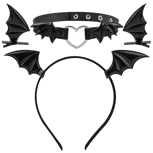 FGen-Halloween Kostüme Fledermaus Haarschmuck mit Fledermaus Haarspangen, Fledermaus Stirnband, Damen Fledermaus Halsband, Halloween Kostüme Fledermaus Kopfschmuck Zubehör, Schwarz Haarclips von FGen