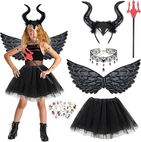 FGen Teufel Kostüm Kinder, 10 Stück Halloween Kostüm Mädchen Set mit Teufelsflügel, Teufelshörner, Dreizack und Aufkleber, Königin Hörner Kostüm, Karneval Kostüm für Halloween Cosplay Party von FGen