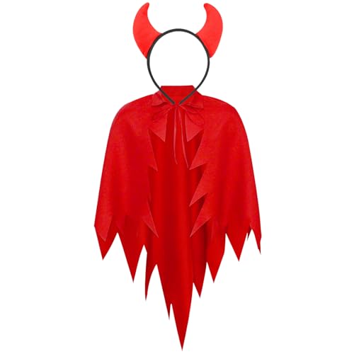 Halloween Kostüm Teufel Damen, Teufelshörner Haarreif Rot, Umhang Teufel Damen, Halloween Party Outfit Hexen Umhang Kostüm für Halloween Cosplay Kostüm (Rot) von FGen