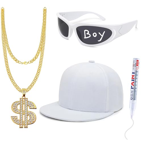 FHAEIOS Hip-Hop-Kostüm-Set, Rapper-Zubehör, 2000er-, 80er-, 90er-Jahre Outfit für Männer und Frauen, Halloween, Rapper, Sonnenbrille, Hut und Kette, 4-teilig FHAEIOS Hip-Hop-Kostüm-Set, Rapper-Zubehör, 2000er-, 80er-, 90er-Jahre Outfit für Männer und Frauen, Halloween, Rapper, Sonnenbrille, Hut und Kette, 4-teilig von FHAEIOS