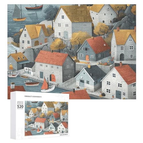 Häuser und Meer Puzzles 520 Teile mit Aufbewahrungstasche, personalisierte Puzzles für Männer und Frauen, Bilderpuzzle für Familie, herausfordernde Fotos, Puzzle für Heimdekoration, Einheitsgröße von FHPCE