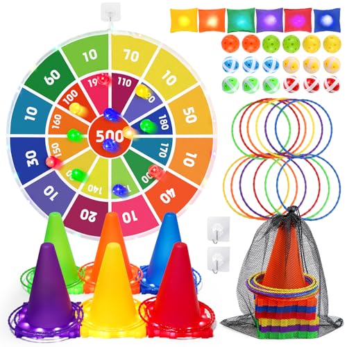 46PCS Outdoorspiele Kombi Set für Kinder mit LED-Licht-Dartscheibe Kinder Game-Wurfspiele Indoor Geburtstagsfeierspiel – Ball Ring Bean Bag Toss Spiel Set-Gartenspiele von FHzytg