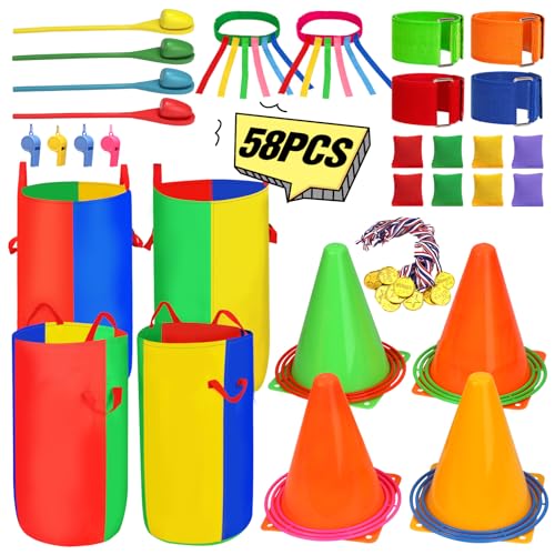 Aktualisierte 58PCS Outdoor Gartenspiele Spiele für Kinder Erwachsene Ringwurfset Sackhüpfen Säcke Eierlaufens 3Bein Rennen Medaillen für Spielplatzbälle Kindergeburtstag für Kinderparty Familie von FHzytg