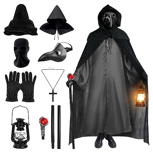 FHzytg 8pcs Pest Arzt Kostüm Herren, Halloween Mittelalterlicher Steampunk PestDoktor Kostüm Cosplay mit Vogel Schnabelmaske Plague Doctor Costume für Halloween Kostüm Requisiten von FHzytg