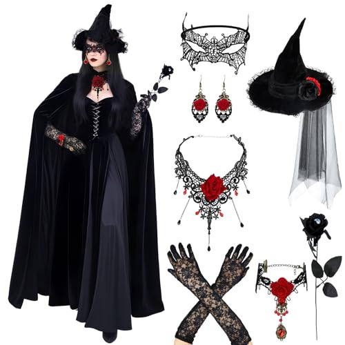 FHzytg Halloween Kostüm Damen, Hexenkostüm Damen Halloween, 8 PCS Halloween Kostüme Steampunk Zubehör, Halloween Hexenhut, Vampir Umhang Hexenhut Halloween Kostüm Damen Hexe Robe von FHzytg