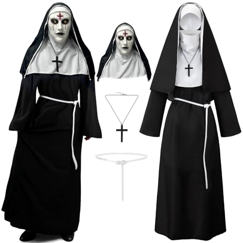 FHzytg Halloween Nonne Kostüm Damen, Scary Nonne Outfit mit The Nun Horror Maske Kreuz Halskette Gürtel, Halloween Nonne Kostüm Nonne Maske, Cosplay, Kirchen. (L) von FHzytg