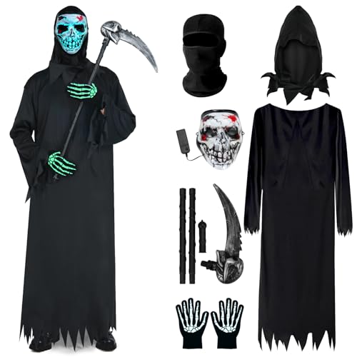 FHzytg Halloween Kostüm Herren, Dark Reaper, Sensenmann Kostüm Herren, Bestehend aus Sensenmann Umhang, Halloween Sense und Handschuhen, Halloween Schädelmaske für Halloween Party Cosplay von FHzytg