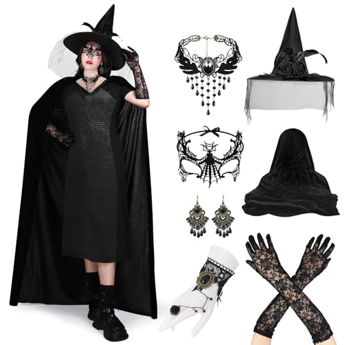 FHzytg 7 PCS Hexenkostüm Damen Halloween, Umhang mit Kapuze für Damen, Steampunk Zubehör Gothic Netzhandschuhe, Halskette, Maske - Halloween Kostüm Damen Hexe für Cosplay Karneval Dress Up Party von FHzytg