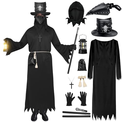 Halloween Pestdoktor Kostüm Set, Pestdoktor Maske, Halloween SchwarzKostüm Herren mit Voge Schnabelmaske, Plague Doctor Costume, Mittelalter Steampunk Zepter Schnabel Maske Hut für Cosplay Party von FHzytg