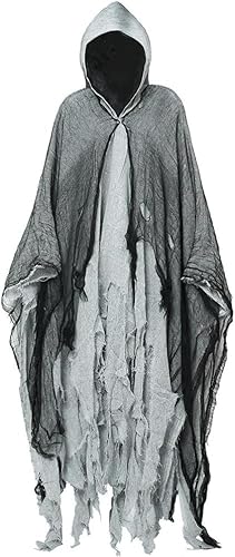 FIENZA Halloween Geister Kostüm Gruselig Erwachsene Gruselige Halloween Umhang Mit Kapuze Halloween Kostüm Geist Cape Outfit Herren Damen (grau) von FIENZA