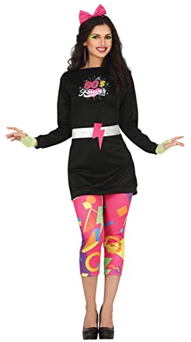 FIESTAS GUIRCA 80s Girl Kostüm – Langärmliges schwarzes Disco Kleid und rosa 80er Jahre Leggings mit buntem Muster für Karneval Fasching Damen Größe L 40-42 von FIESTAS GUIRCA