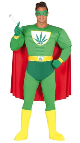 FIESTAS GUIRCA | Cannabis Superheld Kostüm für Herren (48-50/M) - Maske, Umhang, Gürtel, Handschuhe und Overall - Superhelden- und Bösewicht Kostüme für Karneval - Mann - Grün und Rot von FIESTAS GUIRCA