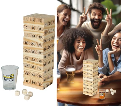 FIESTAS GUIRCA | Balance Turm Trinkspiel mit Holzblöcken und 4 Bechern - Lustiges Gadget für Bierpartys und Feiern - Ideal für Trinkspiele und Unterhaltung - Mehrfarbig von FIESTAS GUIRCA