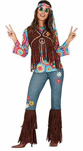 FIESTAS GUIRCA Batik Hippie Kostüm Damen – Komplettes 70er Hippie Outfit Damen inkl. Stirnband, Oberteil mit angenähter Fransenweste u. Hose mit Schlag – 60er Jahre Hippie Kleidung Damen Größe S 34-36 von FIESTAS GUIRCA