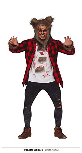 FIESTAS GUIRCA Bissiger Werwolf Deluxe Herren Kostüm Größe M 48 – 50 inkl. Mütze in Pelz-Optik, schwarz rotes Karohemd mit blutigem Wolf Shirt - Für Karneval/Fasching, Halloween, Themen Partys von FIESTAS GUIRCA