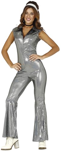 FIESTAS GUIRCA Disco Queen 70er Disco Kostüm Silber – Schlager Queen Disco Outfit Damen mit Holographischem Muster – Jumpsuit mit Schlag – 80er Disco Outfit Damen Größe M 38-40 von FIESTAS GUIRCA