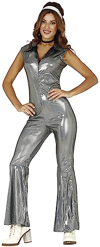 FIESTAS GUIRCA Disco Queen 70er Disco Kostüm Silber – Schlager Queen Disco Outfit Damen mit Holographischem Muster – Jumpsuit mit Schlag – 80er Disco Outfit Damen Größe S 34-36 von FIESTAS GUIRCA