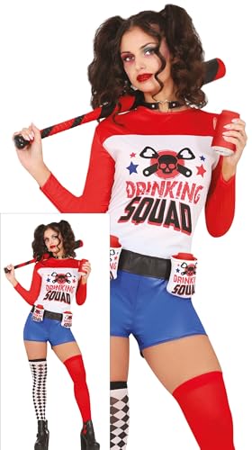 FIESTAS GUIRCA Drinking Squad Junggesellenabschied Karnevalskostüm Damen – Rot Blaues Harlekin Outfit mit Dosenhaltern – Lustiges Faschingskostüm Erwachsene Damen Größe L von FIESTAS GUIRCA