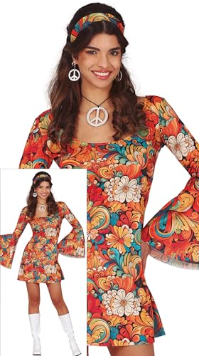 FIESTAS GUIRCA Flower Power Hippie Karnevalskostüm Damen – 70er Jahre Kurzes Hippie Kleid Outfit mit Blumenmuster & Hippie Haarband – 60er Jahre Disco Faschingskostüm Erwachsene Damen Größe L von FIESTAS GUIRCA