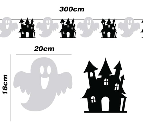 FIESTAS GUIRCA | Gespenster und Schlösser Girlande (300 cm) - Halloween und Themenparty Dekoration - Ideal für Feiern und Events - Dekorationszubehör - Weiß und Schwarz von FIESTAS GUIRCA