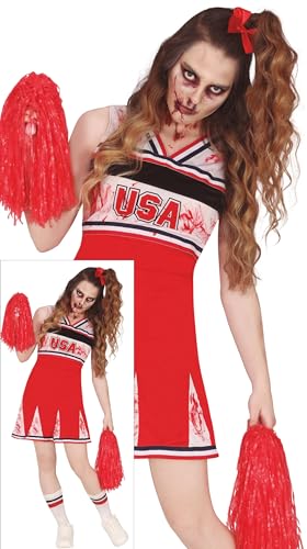 FIESTAS GUIRCA Go USA Zombie Cheerleader Halloween Kostüm Damen – Blutige rot weiße High School Cheerleader Uniform – Halloween Kostüm Dame 38-40 (M) von FIESTAS GUIRCA