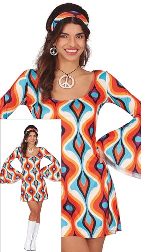 FIESTAS GUIRCA Groovy Hippie Karnevalskostüm Damen – 70er Jahre Kurzes Hippie Kleid Outfit mit Hippie Haarband – 60er Jahre Disco Faschingskostüm Erwachsene Damen Größe L von FIESTAS GUIRCA