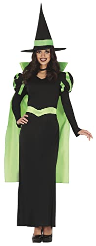 FIESTAS GUIRCA Grüne Hexe Kostüm – Hexenkostüm Langes schwarzes Kleid mit Umhang und Hexenhut Halloween Kostüm Erwachsene Damen Größe 36-38 M von FIESTAS GUIRCA