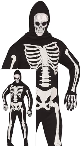 FIESTAS GUIRCA Gruseliges Skelett Halloween Kostüm Herren – Skelett Overall mit Kapuze und Totenkopf Aufdruck – Kostüm Herren Halloween M 48-50 von FIESTAS GUIRCA