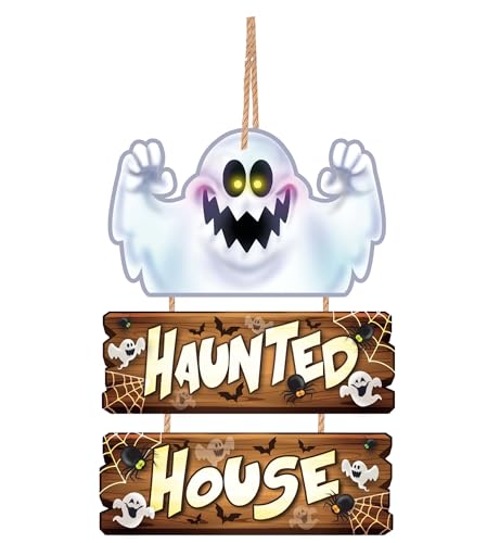 FIESTAS GUIRCA | Haunted House Holzschild (32x21 cm) - Wand-, Tür- und Fensterdekoration für Halloween und Geisterpartys - Ideal für Gruselfeiern - Braun und Weiß von FIESTAS GUIRCA