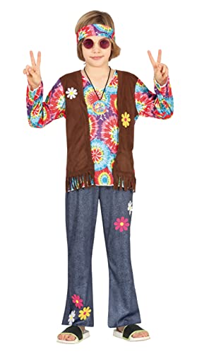 FIESTAS GUIRCA Hippie Kostüm Jungen – 70er Jahre Outfit mit Hippie–Stirnband, buntem Batik–Oberteil, Weste und Hose für Jungen von 5-6 Jahren von FIESTAS GUIRCA