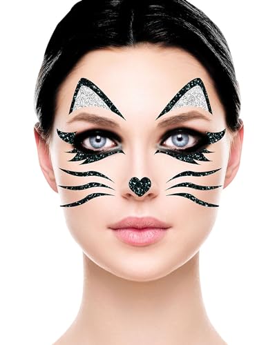 FIESTAS GUIRCA Katzen-Tattoos selbstklebend Make-Up Kostümaccessoire Silber-schwarz - Schwarz von FIESTAS GUIRCA