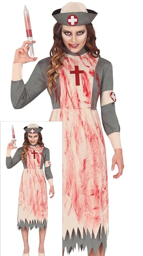 FIESTAS GUIRCA Killer Krankenschwester Halloween Kostüm Damen – Vintage Zombie Krankenschwester Uniform mit Krankenschwester Haube – Blutiges Halloween Kostüm Dame 42 – 44 (L) von FIESTAS GUIRCA