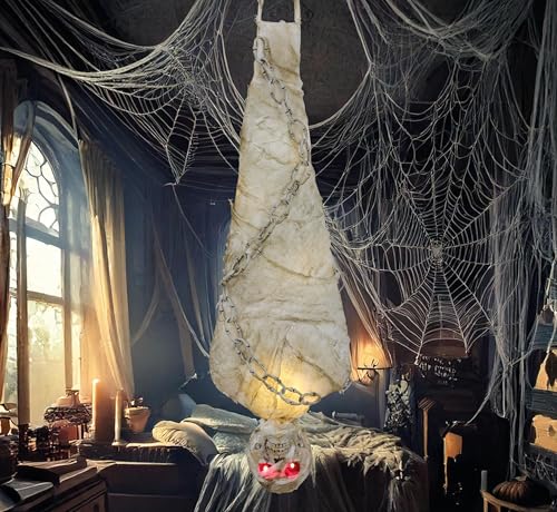 FIESTAS GUIRCA | Mumie mit Licht Hängefigur (75 cm) - Gruseldekoration für Halloween und Skelettpartys - Ideal für schauriges Zubehör und Horrorfeiern - Grau und Weiß von FIESTAS GUIRCA