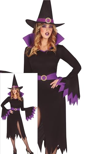 FIESTAS GUIRCA Mystische Hexe Halloween Kostüm Damen – Hexenhut in Lila u. Schwarz, Kleid mit Beinschlitz und Gürtel – Halloween Kostüm Dame L 40-42 von FIESTAS GUIRCA