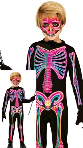 FIESTAS GUIRCA Neon Skelett Halloween Kostüm Kinder – Skelett Overall Kostüm – Kostüm Kinder Halloween Mädchen oder Jungen 5-6 Jahre von FIESTAS GUIRCA