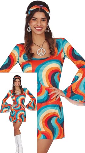 FIESTAS GUIRCA Psychedelic Hippie Karnevalskostüm Damen – 70er Jahre Kurzes Hippie Kleid Outfit mit Hippie Haarband – 60er Jahre Disco Faschingskostüm Erwachsene Damen Größe M von FIESTAS GUIRCA