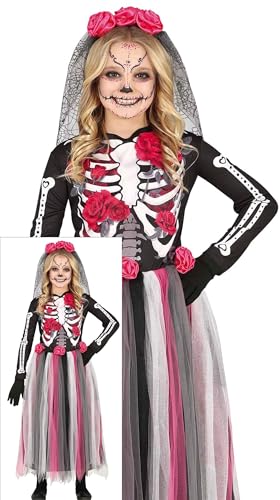 FIESTAS GUIRCA Rosa Tag der Toten Halloween Kostüm Kinder – Langes Día De Los Muertos Skelett Kleid & Blumen Haarreif – Kostüm Kinder Halloween Mädchen 3-4 Jahre von FIESTAS GUIRCA