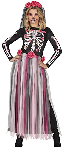 FIESTAS GUIRCA Rosen Skelett Tag der Toten Kostüm – Langes Kleid mit Blumen Schleier Halloween Kostüm Erwachsene Damen Größe 40-42 L von FIESTAS GUIRCA