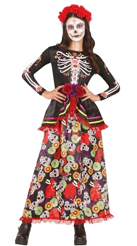 FIESTAS GUIRCA Schickes Kleid Tag der Toten - Langes Kleid mit Totenkopf-Print und Blumen-HaarreifDía De Los Muertos Outfit Kostüm Erwachsene Damen Größe L 40-42 von FIESTAS GUIRCA