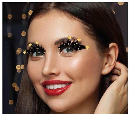 FIESTAS GUIRCA | Schwarze Wimpern mit goldenen Sternen - Make-up Zubehör für Weihnachten und Neujahr - Ideal für Silvesterpartys und Feiern - Für Erwachsene Frauen - Schwarz Gold von FIESTAS GUIRCA