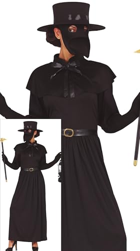 FIESTAS GUIRCA Schwarzer Pestdoktor Halloween Kostüm Damen – Schwarzes Pestarzt Kostüm mit Schnabel Maske – Halloween Kostüm Dame L 40-42 von FIESTAS GUIRCA