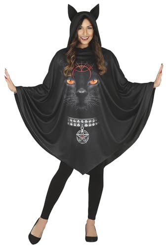 FIESTAS GUIRCA Schwarzer Poncho mit Schwarze Katze Hexe Aufdruck Kostüm Erwachsene Damen Größe FALSE von FIESTAS GUIRCA